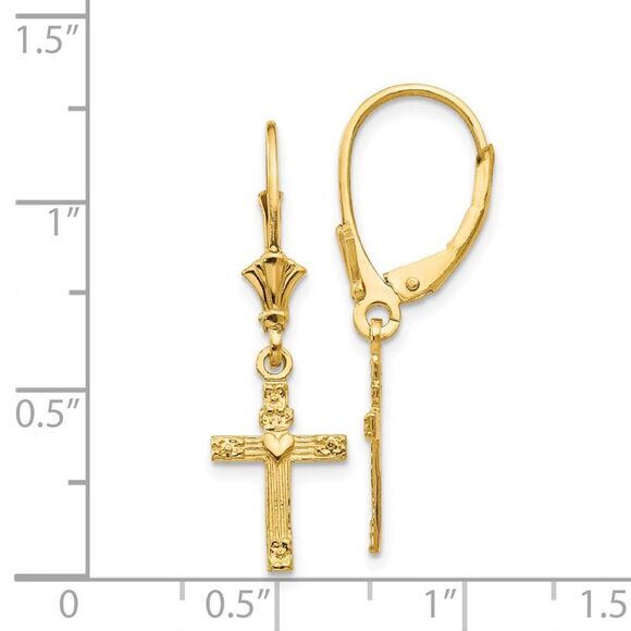 13mm Textured Cross with Heart Lever Back Earrings in 14k Yellow Gold - Picture 4 of 5
